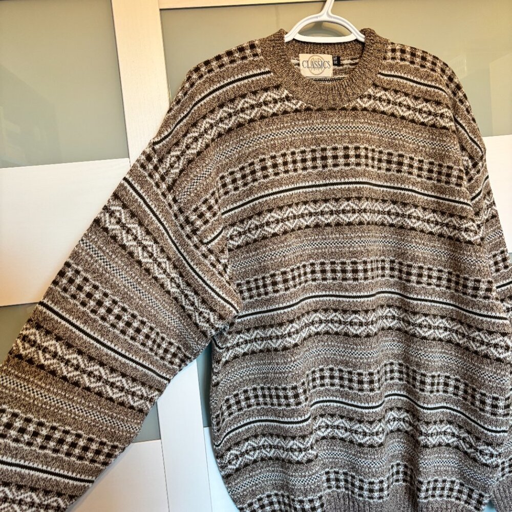 ‼️SOLD‼️ VINTAGE 90s R&R Classics Brown and White Knit Crew Sweater Pullover XL - Picture 4 of 13